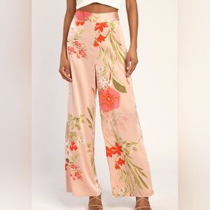 ⏰️Thriving Vibes Light Pink Floral Print Satin Wide-Leg Pants